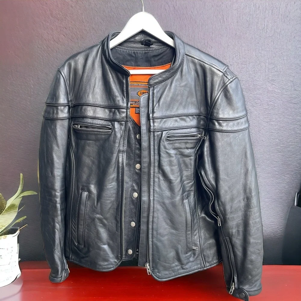 Black First classic leather gear motorcycle riding jacket with vest XL XXL - Picture 1 of 14
